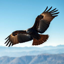 A majestic black eagle spreading its wings wide, displaying its powerful plumage, soaring high in a clear blue sky