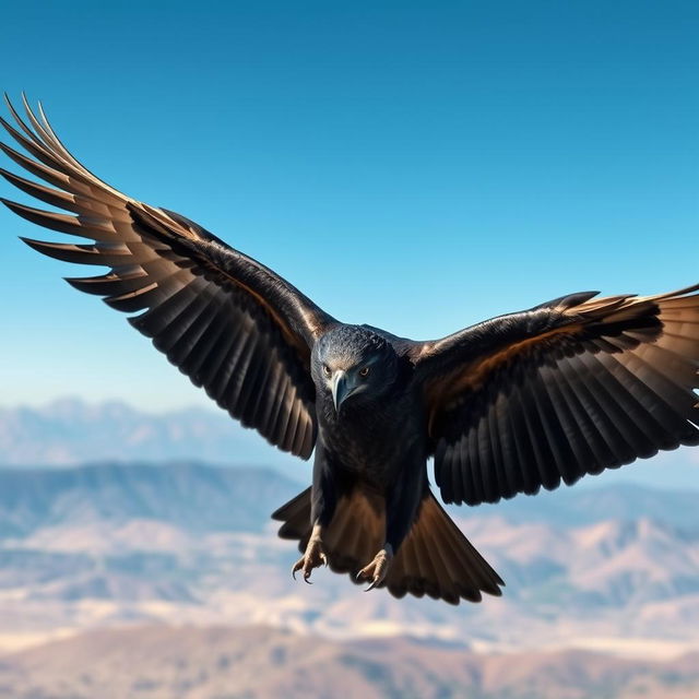 A majestic black eagle spreading its wings wide, displaying its powerful plumage, soaring high in a clear blue sky