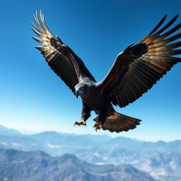 A majestic black eagle spreading its wings wide, displaying its powerful plumage, soaring high in a clear blue sky