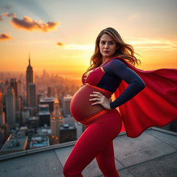 A strong and radiant pregnant superhero standing confidently on a rooftop overlooking a vibrant city skyline at sunset