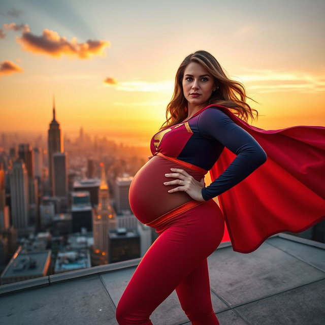 A strong and radiant pregnant superhero standing confidently on a rooftop overlooking a vibrant city skyline at sunset