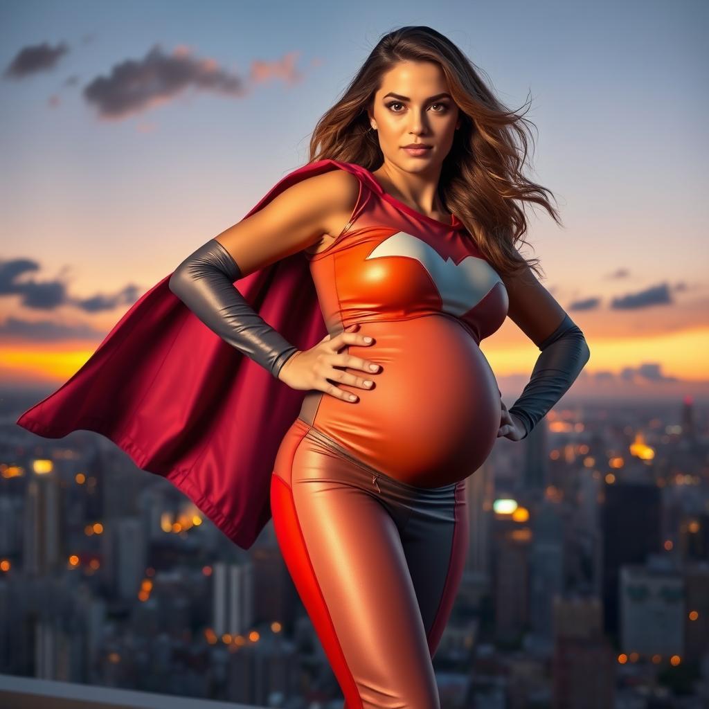 A strong and radiant pregnant superhero standing confidently on a rooftop overlooking a vibrant city skyline at sunset