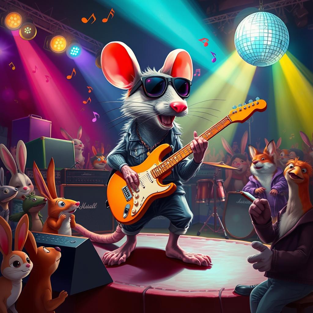 A surreal and whimsical scene depicting a large, cartoonish rat playing electric guitar on a stage, surrounded by colorful lights and musical notes