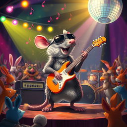 A surreal and whimsical scene depicting a large, cartoonish rat playing electric guitar on a stage, surrounded by colorful lights and musical notes