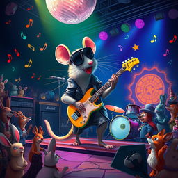 A surreal and whimsical scene depicting a large, cartoonish rat playing electric guitar on a stage, surrounded by colorful lights and musical notes