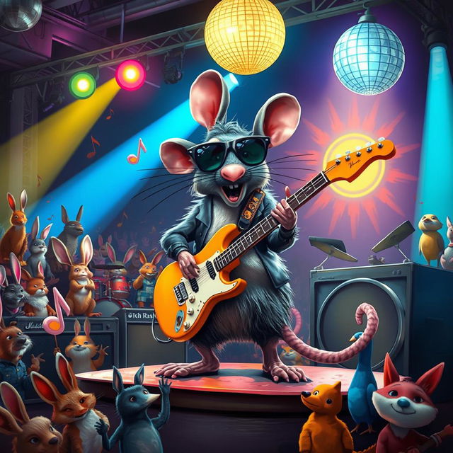 A surreal and whimsical scene depicting a large, cartoonish rat playing electric guitar on a stage, surrounded by colorful lights and musical notes