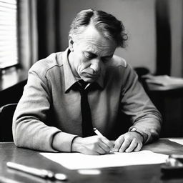 A focused man seated at a desk, pen in hand, deeply engrossed in writing on a piece of paper