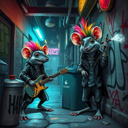 A vibrant and gritty rat punk scene, featuring anthropomorphic rats dressed in punk attire, complete with leather jackets, spiked collars, and colorful mohawks
