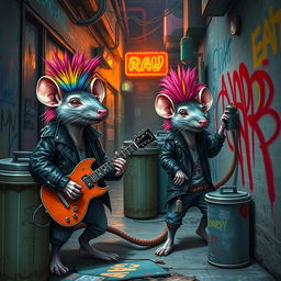 A vibrant and gritty rat punk scene, featuring anthropomorphic rats dressed in punk attire, complete with leather jackets, spiked collars, and colorful mohawks