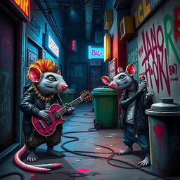 A vibrant and gritty rat punk scene, featuring anthropomorphic rats dressed in punk attire, complete with leather jackets, spiked collars, and colorful mohawks