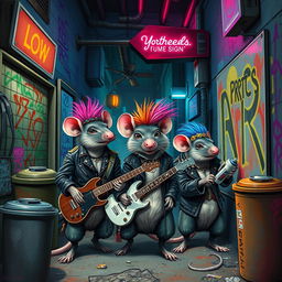 A vibrant and gritty rat punk scene, featuring anthropomorphic rats dressed in punk attire, complete with leather jackets, spiked collars, and colorful mohawks
