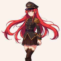 A female anime general inspired by the Japanese imperial court during World War II, featuring long red hair that flows like flames