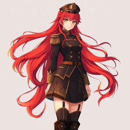 A female anime general inspired by the Japanese imperial court during World War II, featuring long red hair that flows like flames