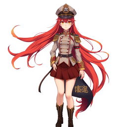 A female anime general inspired by the Japanese imperial court during World War II, featuring long red hair that flows like flames