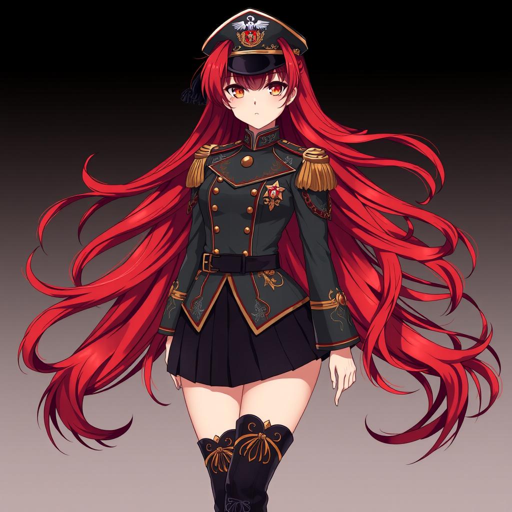 A female anime general inspired by the Japanese imperial court during World War II, featuring long red hair that flows like flames