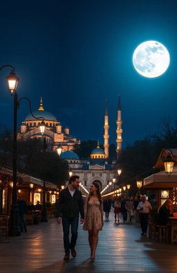 A beautiful night scene in Istanbul, Turkey, featuring a bright full moon illuminating the skyline with iconic structures like the Hagia Sophia and the Blue Mosque in the background