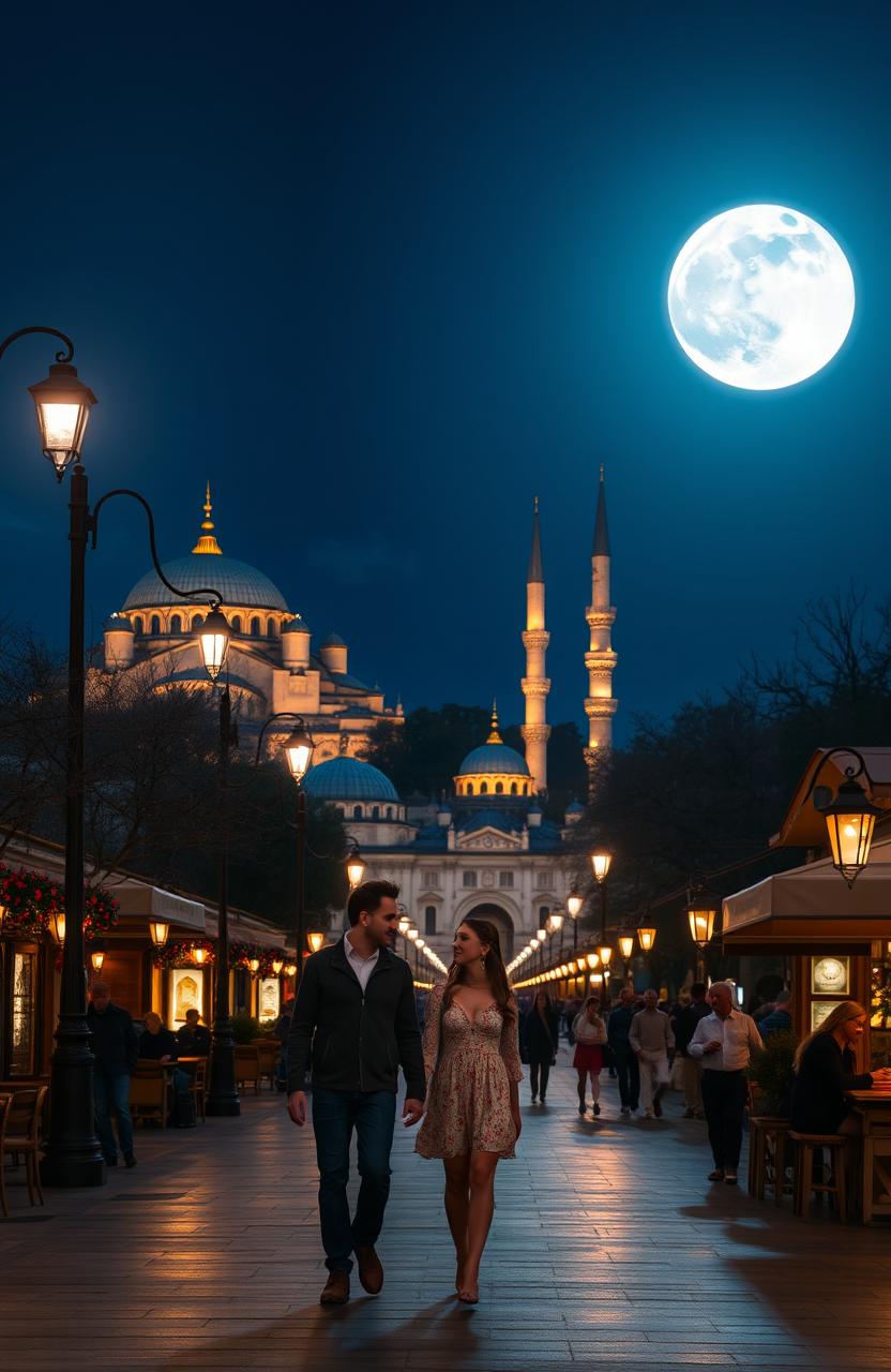 A beautiful night scene in Istanbul, Turkey, featuring a bright full moon illuminating the skyline with iconic structures like the Hagia Sophia and the Blue Mosque in the background