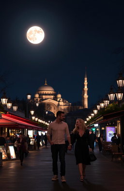 A beautiful night scene in Istanbul, Turkey, featuring a bright full moon illuminating the skyline with iconic structures like the Hagia Sophia and the Blue Mosque in the background
