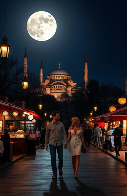 A beautiful night scene in Istanbul, Turkey, featuring a bright full moon illuminating the skyline with iconic structures like the Hagia Sophia and the Blue Mosque in the background