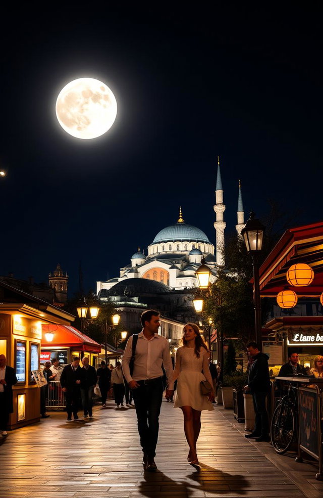 A beautiful night scene in Istanbul, Turkey, featuring a bright full moon illuminating the skyline with iconic structures like the Hagia Sophia and the Blue Mosque in the background