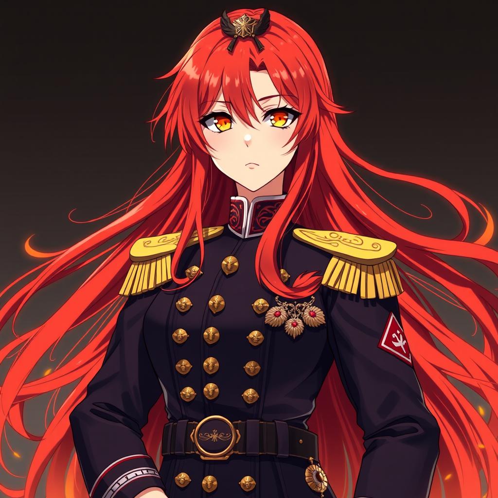 A female anime general of the Japanese imperial court during World War II, with long, flowing red hair that resembles fiery flames