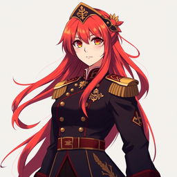 A female anime general of the Japanese imperial court during World War II, with long, flowing red hair that resembles fiery flames