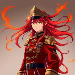 A female anime general of the Japanese imperial court during World War II, with long, flowing red hair that resembles fiery flames