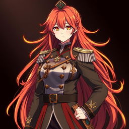 A female anime general of the Japanese imperial court during World War II, with long, flowing red hair that resembles fiery flames