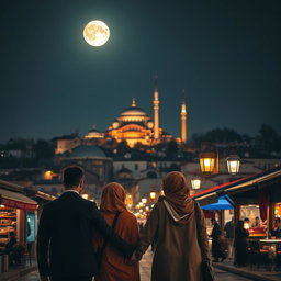 A captivating night scene in Istanbul, Turkey, under the light of a bright full moon