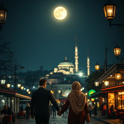 A captivating night scene in Istanbul, Turkey, under the light of a bright full moon