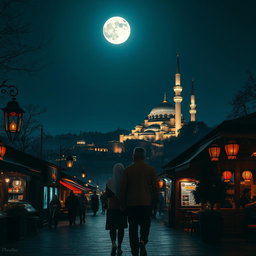 A captivating night scene in Istanbul, Turkey, under the light of a bright full moon
