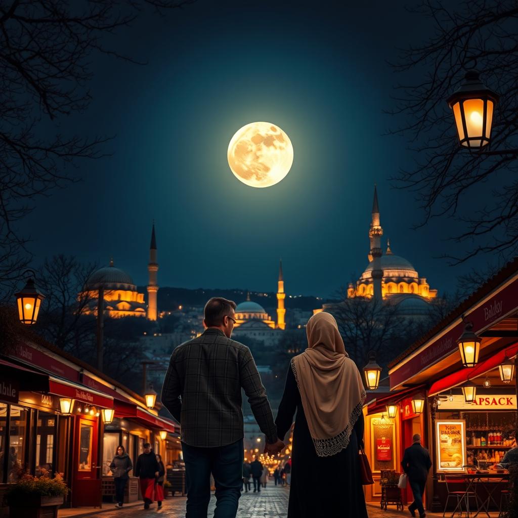 A captivating night scene in Istanbul, Turkey, under the light of a bright full moon