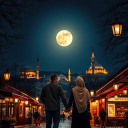 A captivating night scene in Istanbul, Turkey, under the light of a bright full moon