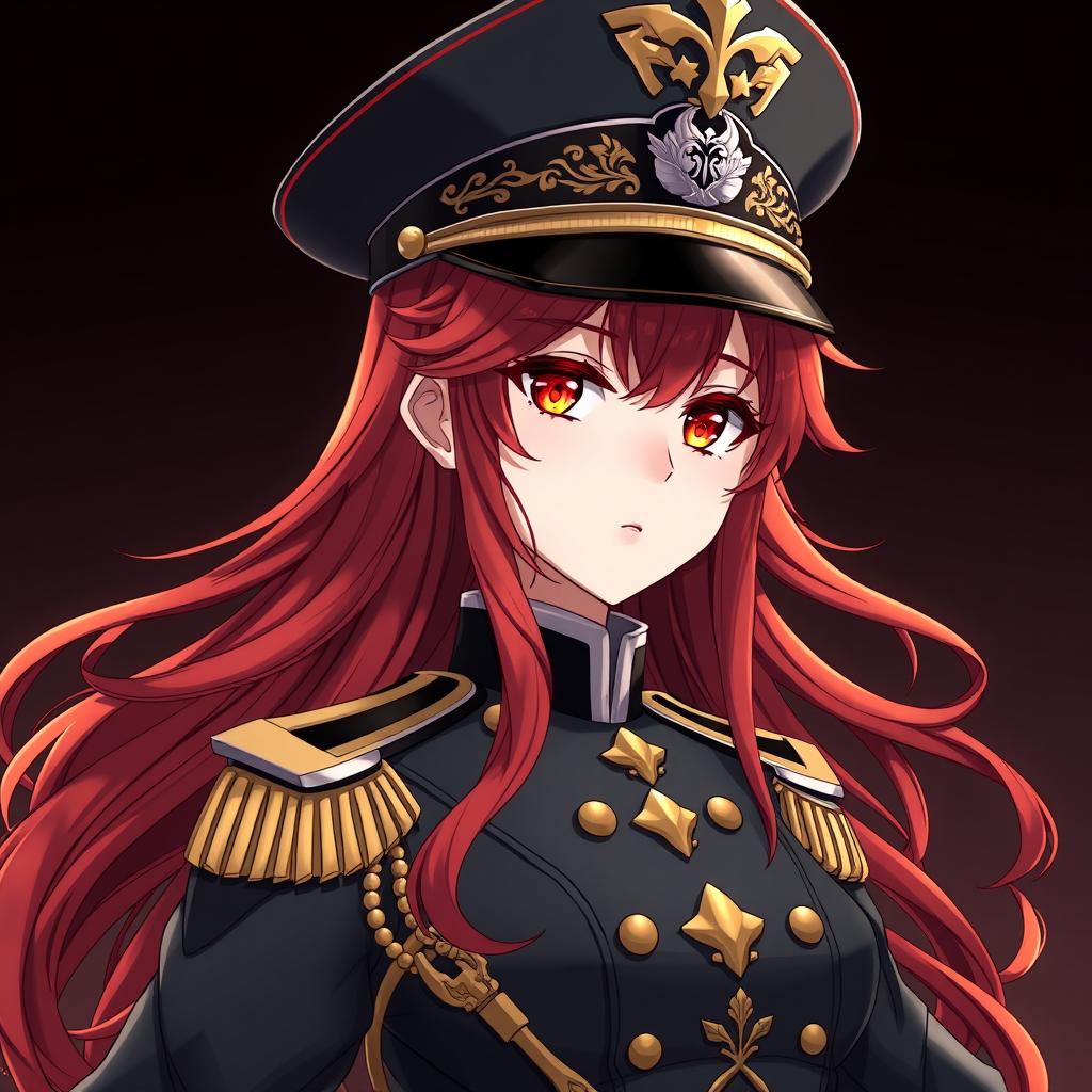 A female anime general inspired by the Japanese imperial court during World War II, adorned with an elegant military hat