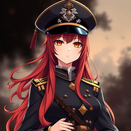 A female anime general inspired by the Japanese imperial court during World War II, adorned with an elegant military hat