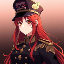 A female anime general inspired by the Japanese imperial court during World War II, adorned with an elegant military hat