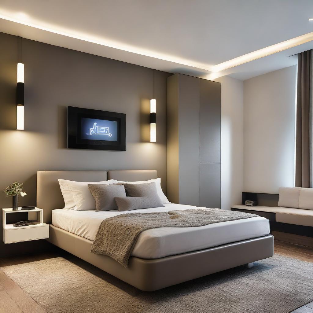 Modern bedroom with a sophisticated music system, a large framed personal photo, dancing LED lights, a 32 inch television set embedded in the wall, and a centrally positioned bed.