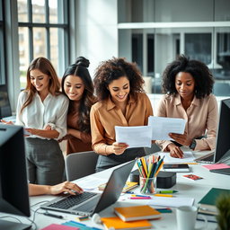 A vibrant office scene featuring a diverse group of beautiful women working diligently on documents