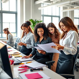 A vibrant office scene featuring a diverse group of beautiful women working diligently on documents