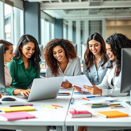 A vibrant office scene featuring a diverse group of beautiful women working diligently on documents