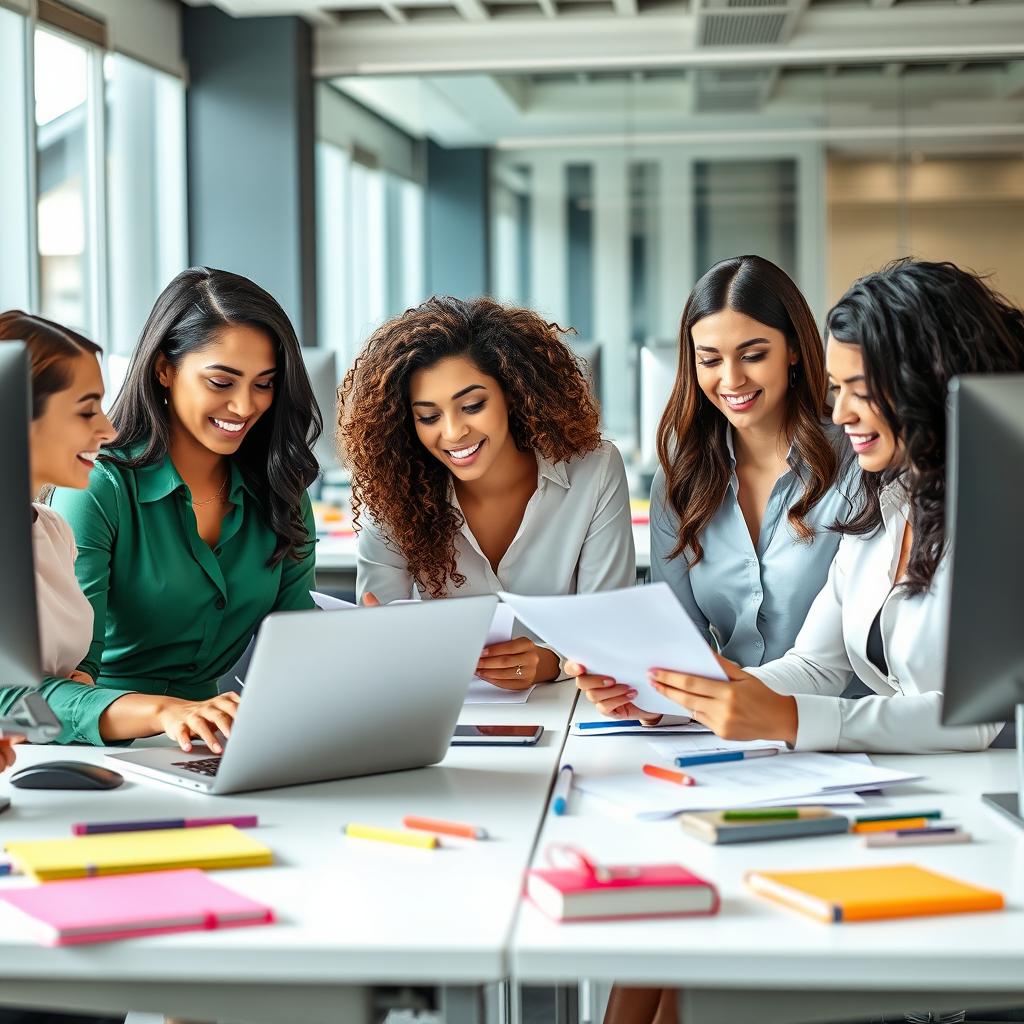 A vibrant office scene featuring a diverse group of beautiful women working diligently on documents
