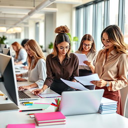 A vibrant office scene featuring a diverse group of beautiful women working diligently on documents