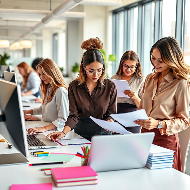 A vibrant office scene featuring a diverse group of beautiful women working diligently on documents