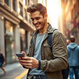 A man holding a smartphone, dressed in casual attire, standing on a city street with a slightly blurred background, depicting a busy urban environment