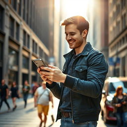 A man holding a smartphone, dressed in casual attire, standing on a city street with a slightly blurred background, depicting a busy urban environment