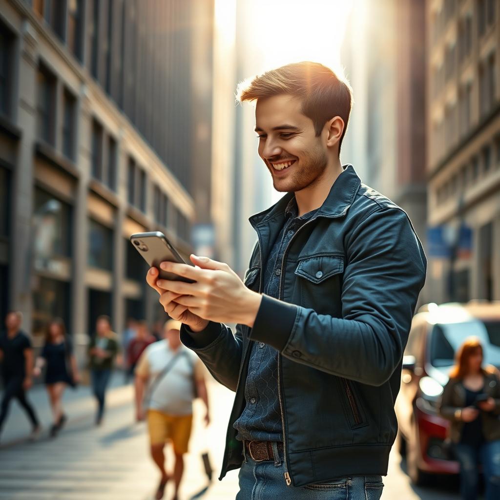 A man holding a smartphone, dressed in casual attire, standing on a city street with a slightly blurred background, depicting a busy urban environment