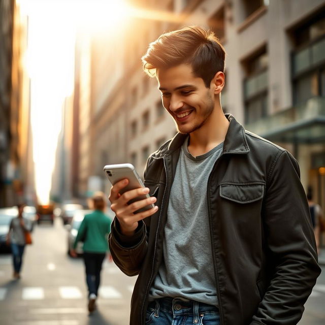 A man holding a smartphone, dressed in casual attire, standing on a city street with a slightly blurred background, depicting a busy urban environment