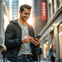 A man holding a smartphone, dressed in casual attire, standing on a city street with a slightly blurred background, depicting a busy urban environment