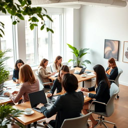 A group of professional women working diligently in a modern office environment