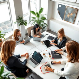 A group of professional women working diligently in a modern office environment
